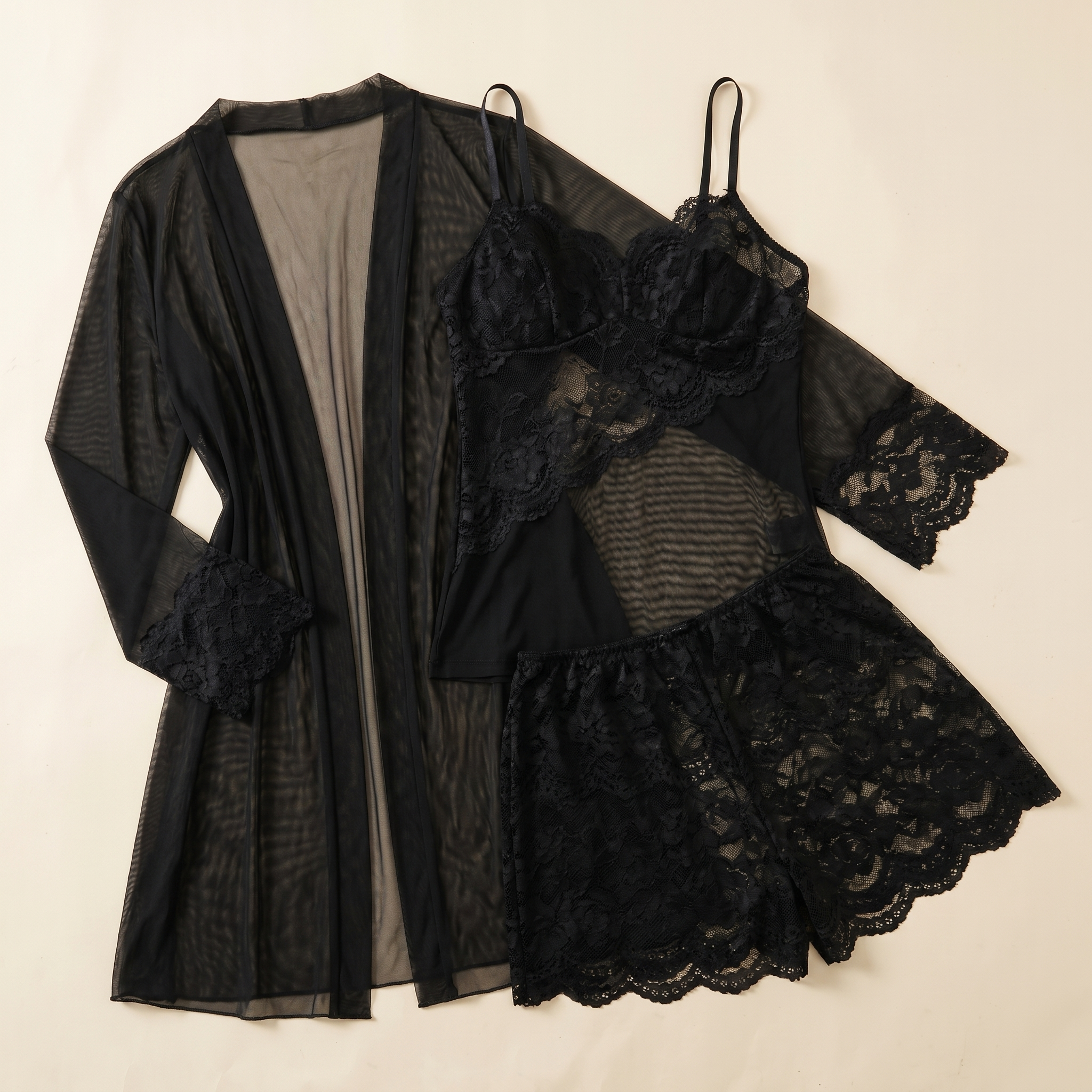 Enchantress™ – Transparent Floral Lace 3-Piece Lingerie Ensemble with Mesh Robe