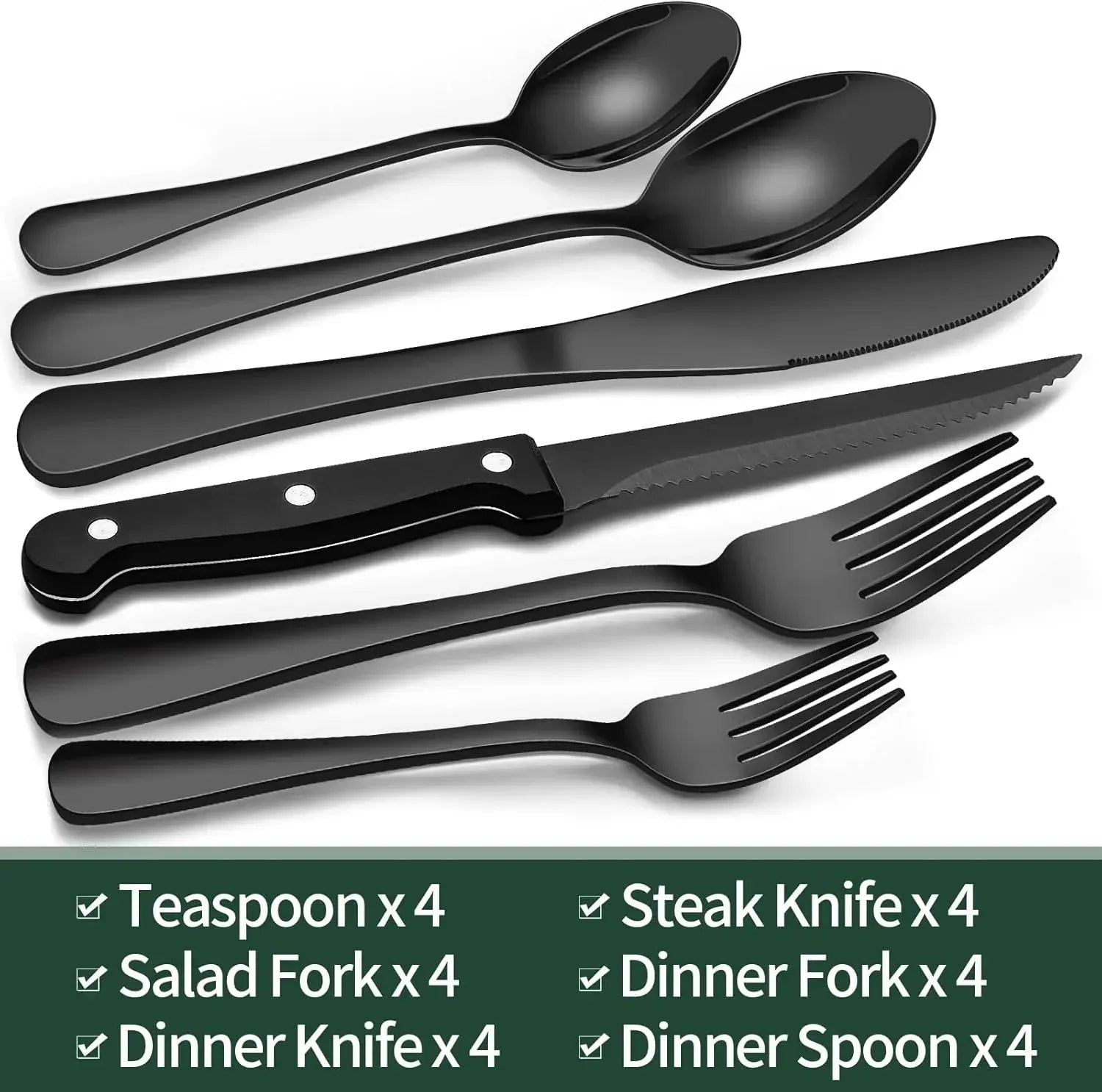 Cutlery Set | 24-Piece Matte Black Finish | Includes Steak Knives | CutleryCraft
