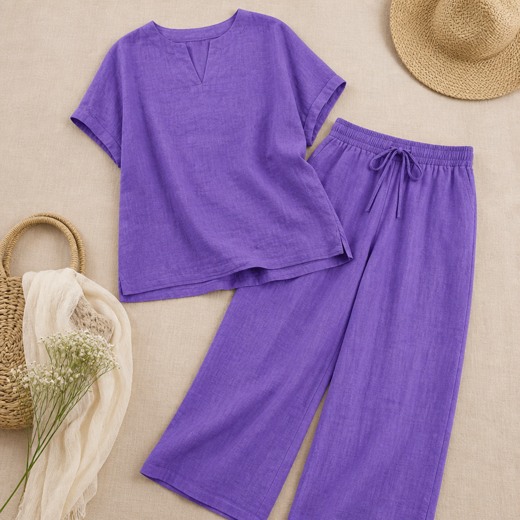 LumoraEase™ – Comfy Cotton-Linen V-Neck Two-Piece Ensemble
