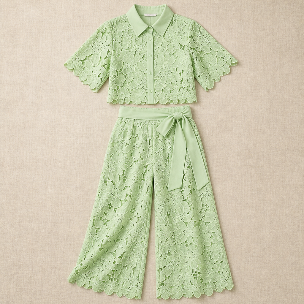 ArlenaBreeze™ – Elegant Floral Crochet Lace Set with Tie-Waist Wide-Leg Pants
