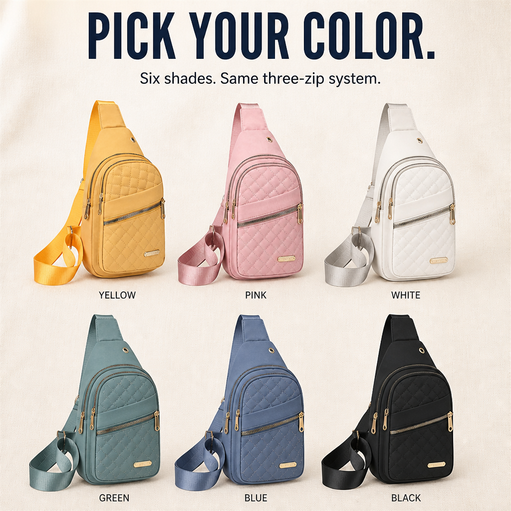 VertaCarry™ — Skip the Tote and Stow Your Day in Three Zip Pockets