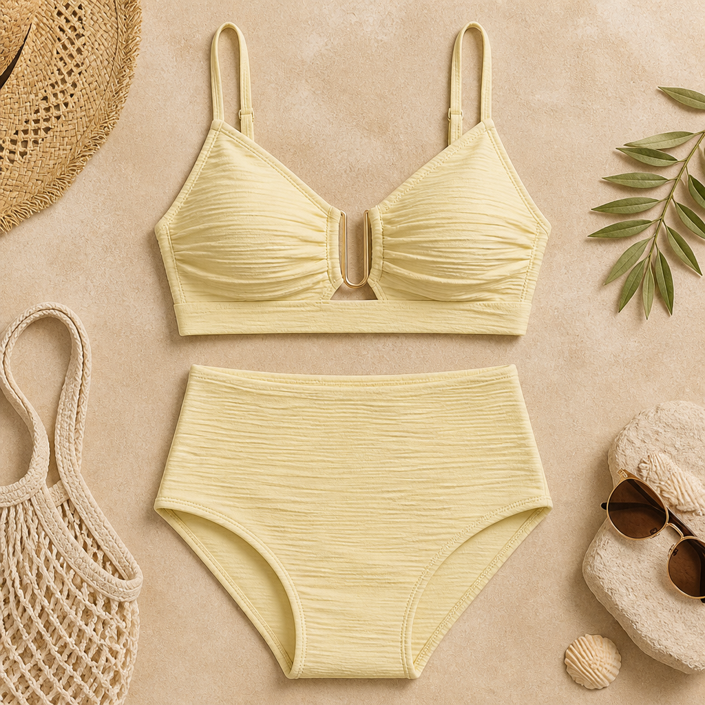 VeloraCurve™ – High-Waist Tummy-Control Bikini Set with Gold U-Wire