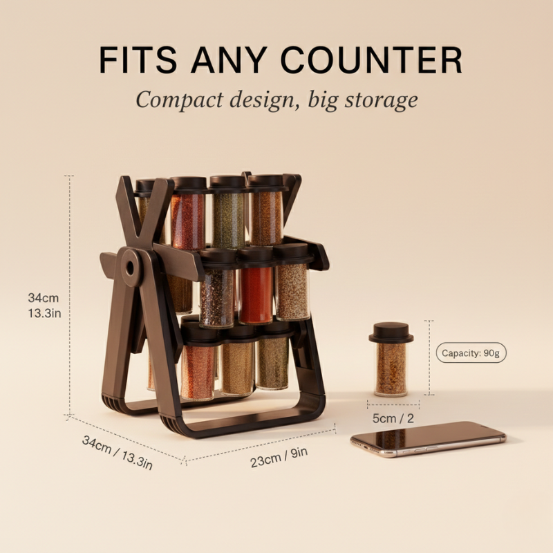 Rotatable Spice Holder | Foldable Rack | Glass Jars | AromaDock