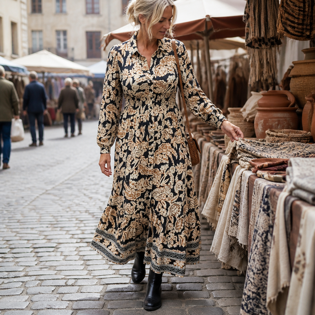 BloomAura™ – Retro Block-Print Shirt Dress with Smocked Waist