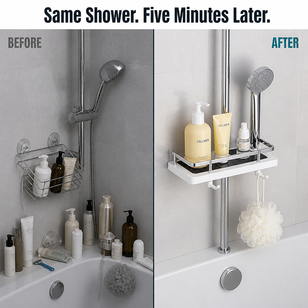 AquaNest™ — Snap One Adjustable Tray onto Your Shower Pipe, No Drilling