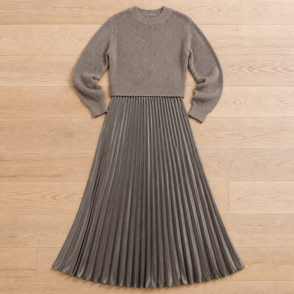 VelaLift™ – Chic Pleated Maxi Skirt Ensemble with Cropped Knit Top