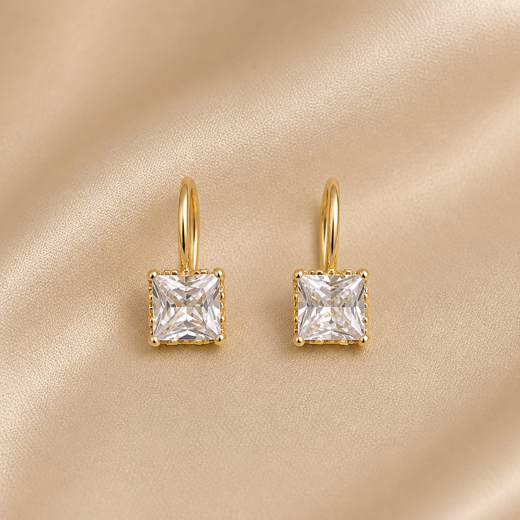 LumaLuxe™ – Delicate Square-Cut Crystal Drop Earrings in Gold