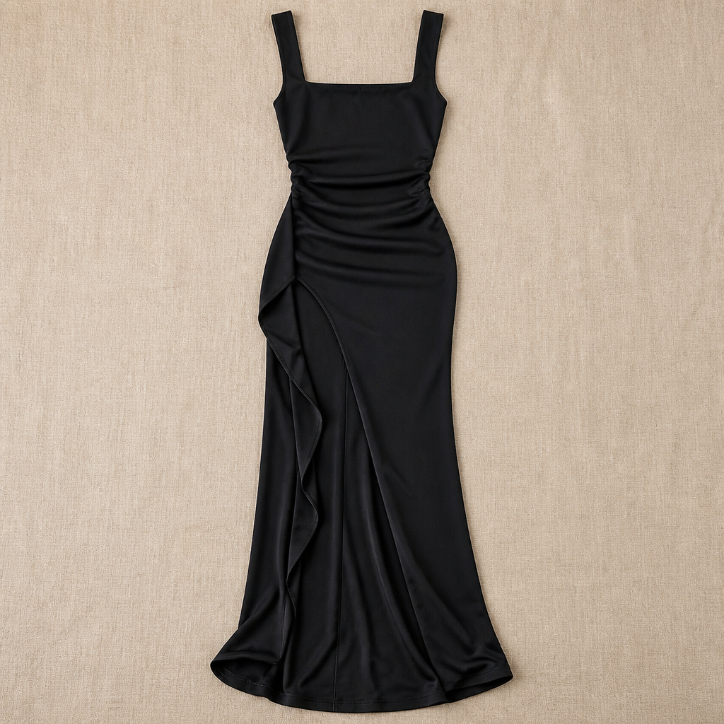 LuminaLuxe™ – Elegant Square-Neck Ruched Maxi Dress with High Thigh Slit