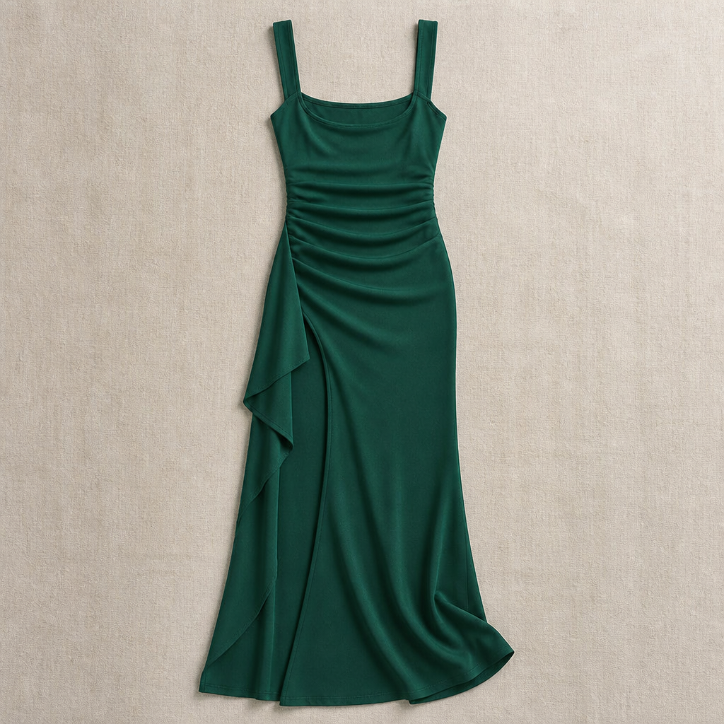 LuminaLuxe™ – Elegant Square-Neck Ruched Maxi Dress with High Thigh Slit