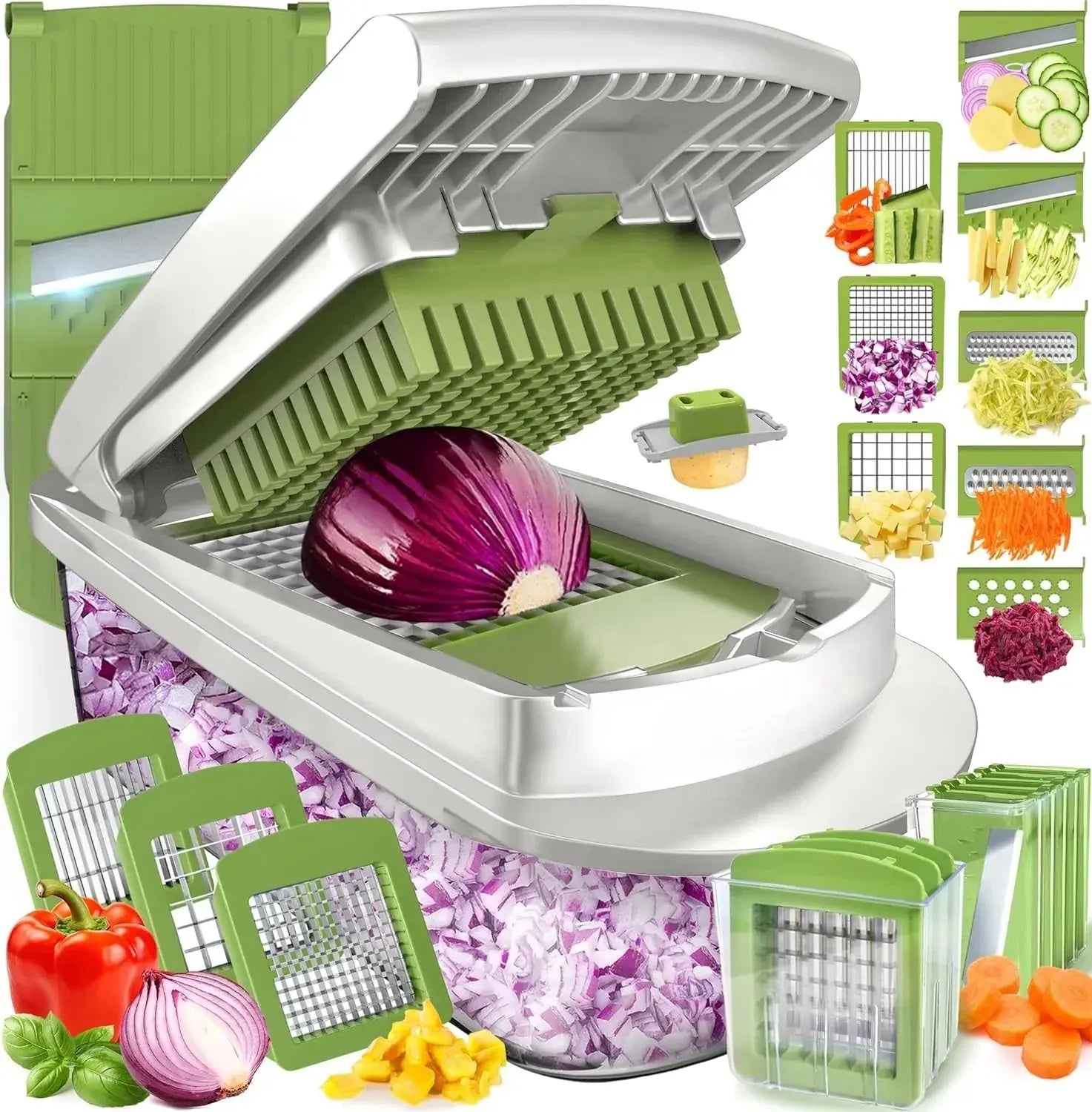 Vegetable Chopper | Slicing, Dicing, Grating | Safety Holder & Storage Container | VegiCut