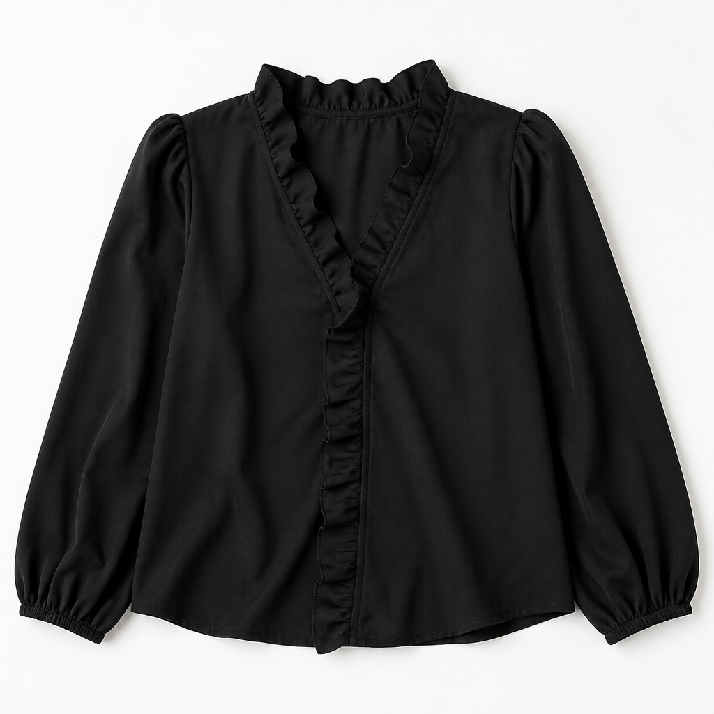 FlairMist™ – Romantic Ruffled V-Neck Top with Lantern Sleeves
