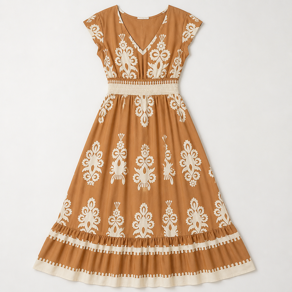 LuminaSway™ – V-Neck Maxi Dress with Vintage Baroque Print