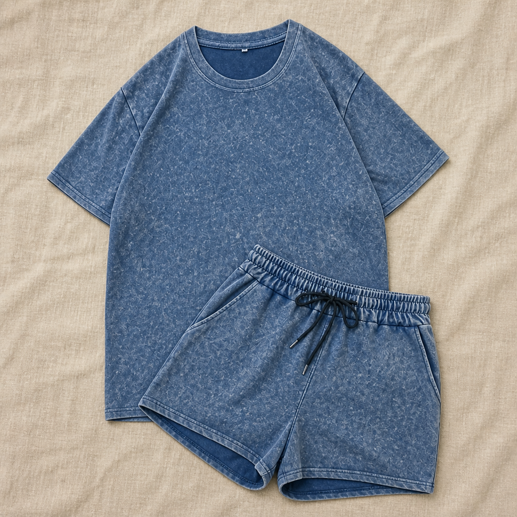 ViraLuxe™ – Vintage Mineral Wash Oversized Tee & Drawstring Shorts Set