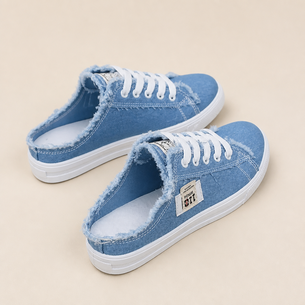 StridePulse™ – Casual Denim Mule Sneakers with Frayed Edges