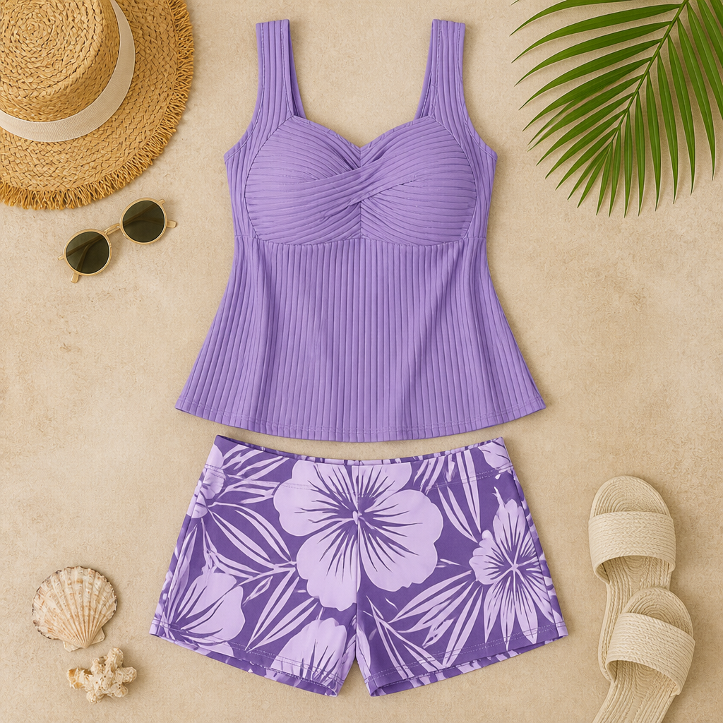 CurvaLuxe™ – Ribbed Twist-Front Tankini Set with Boxer Shorts