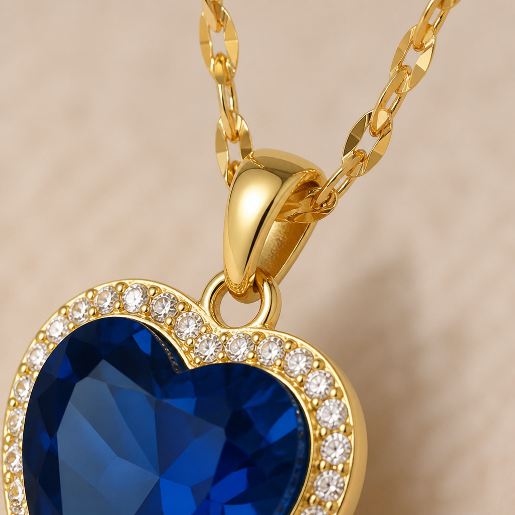 LioraCharm™ – Gleaming Sapphire Heart Necklace with Pavé Halo Pendant