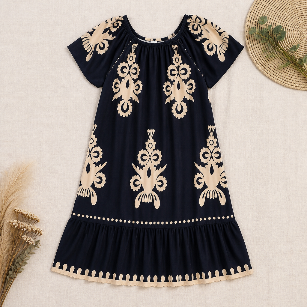 FlexiFit™ – Breezy Boho Patterned Midi Dress with Layered Hem