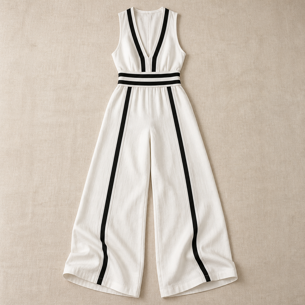 SilhouetteLuxe™ – Breathable Linen Wide-Leg Jumpsuit with Contrast Waistband