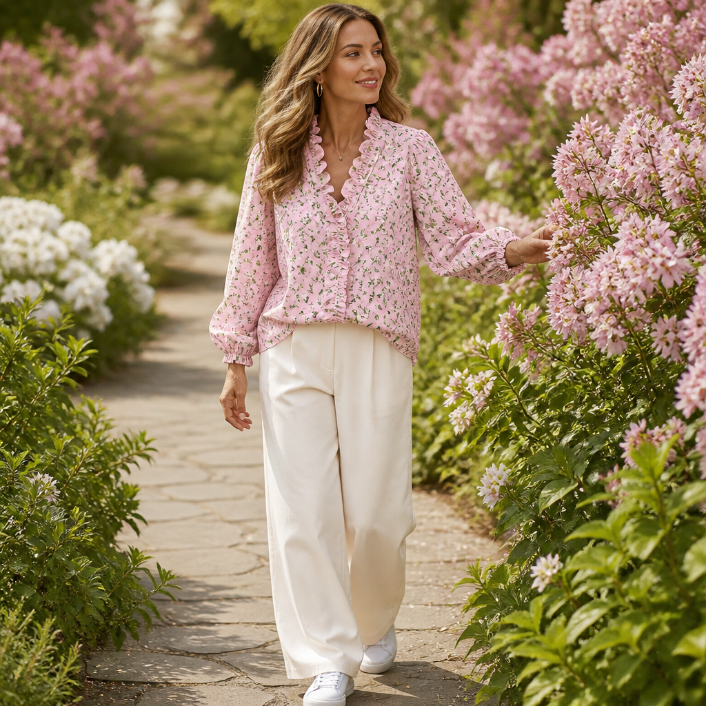 FlairMist™ – Romantic Ruffled V-Neck Top with Lantern Sleeves