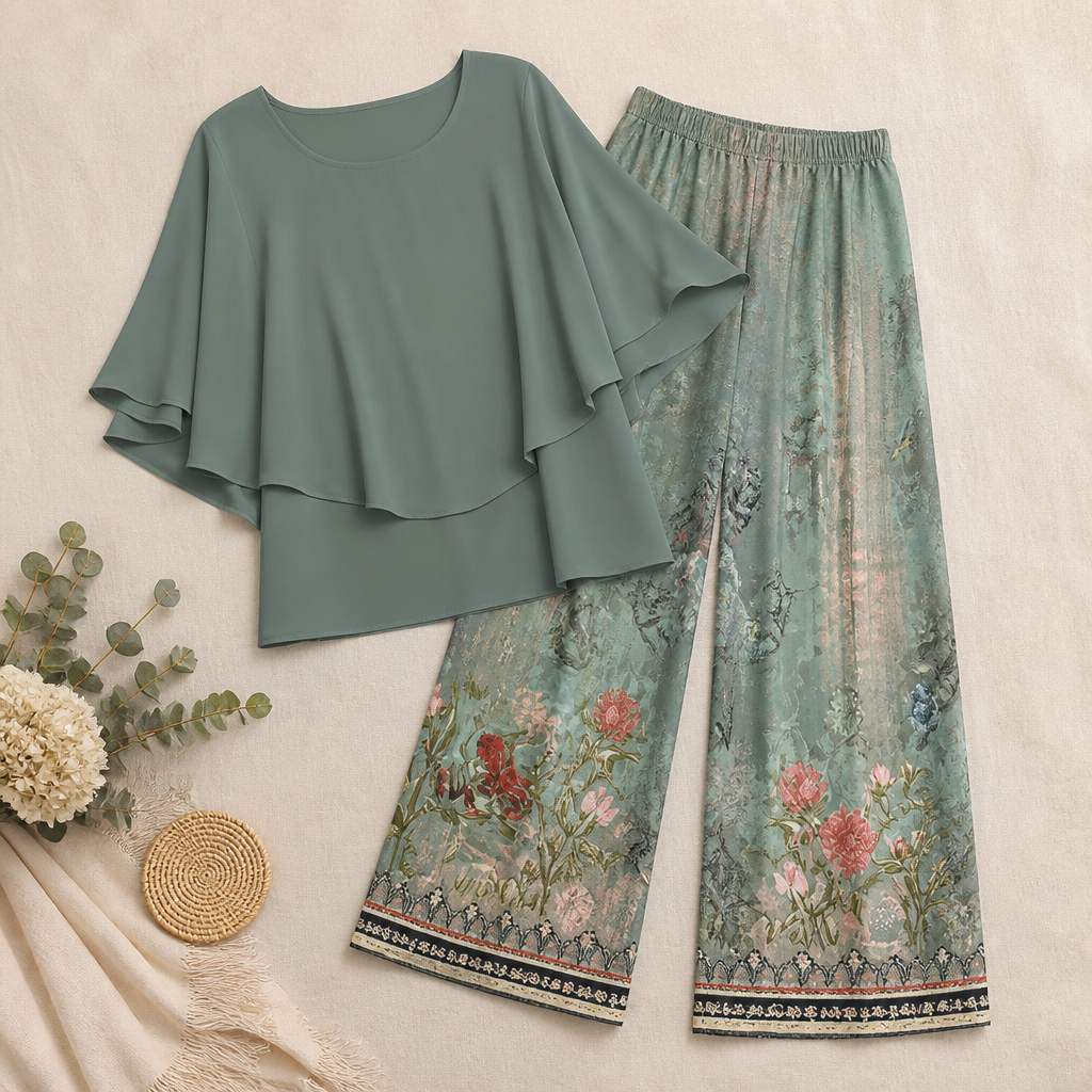 Flexara™ – Stylish Layered Chiffon Blouse with Wide-Leg Printed Pants Set