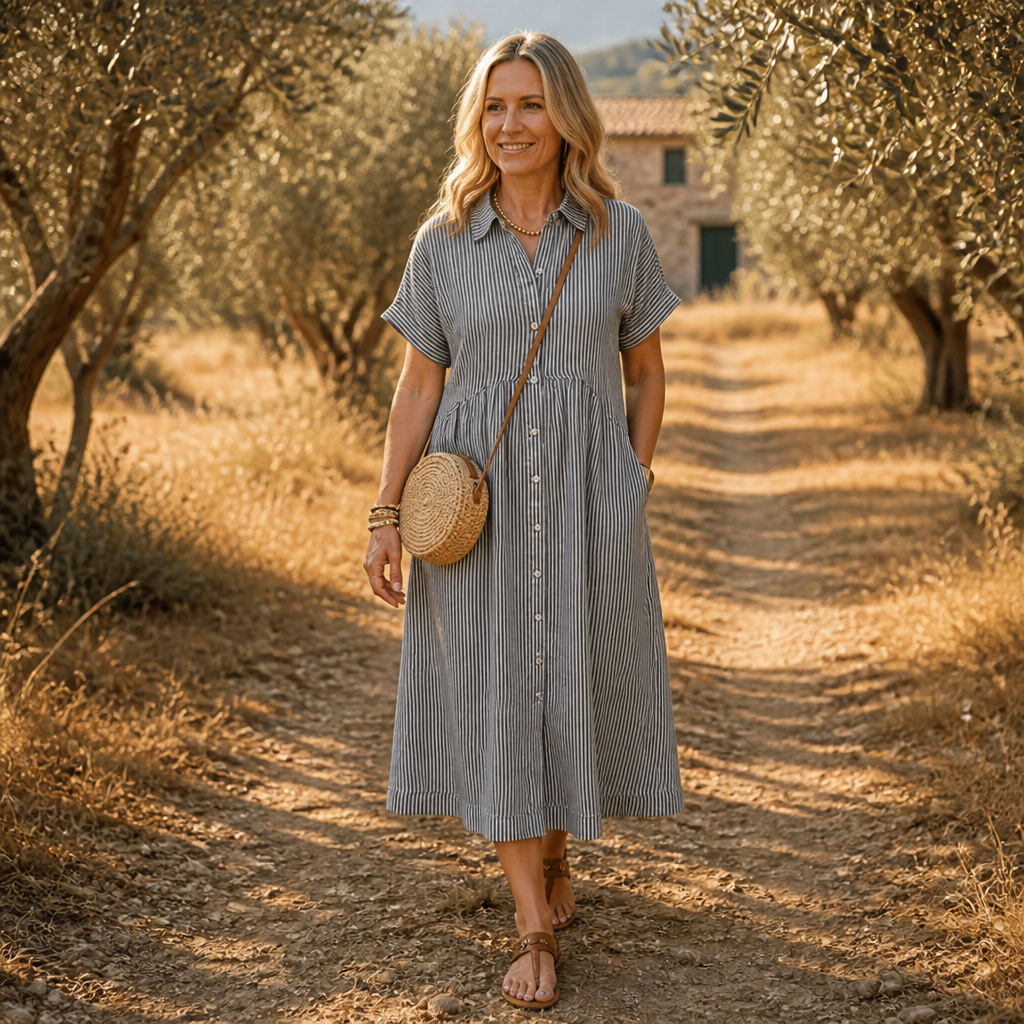 LunaVerve™ – Airy Striped Button-Down Midi Shirt Dress