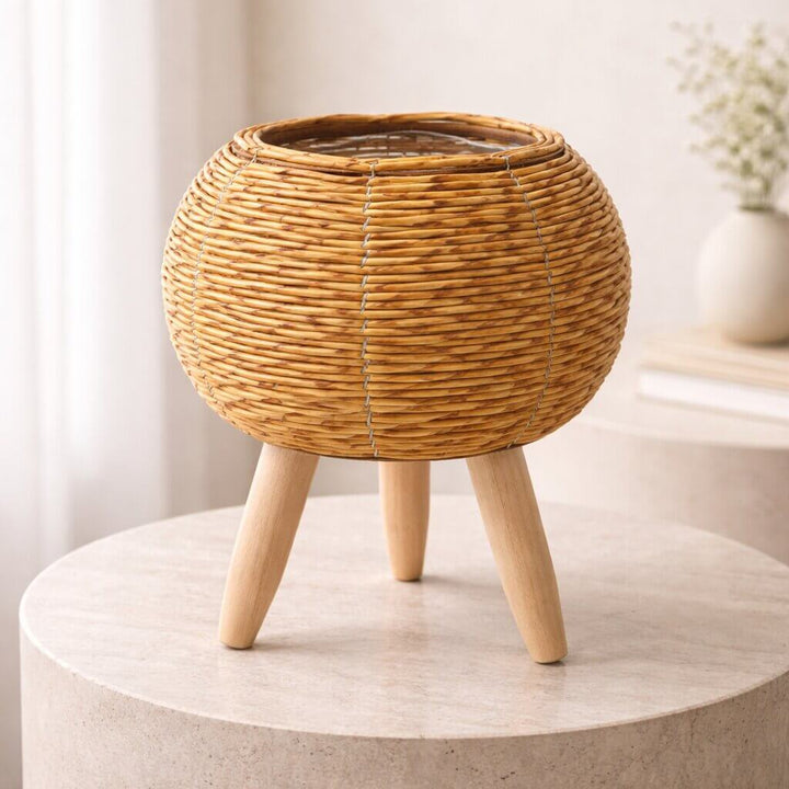 Flower Planter with Wooden Stand | Basket Weave Texture | Ideal for Indoor and Outdoor | Plantara