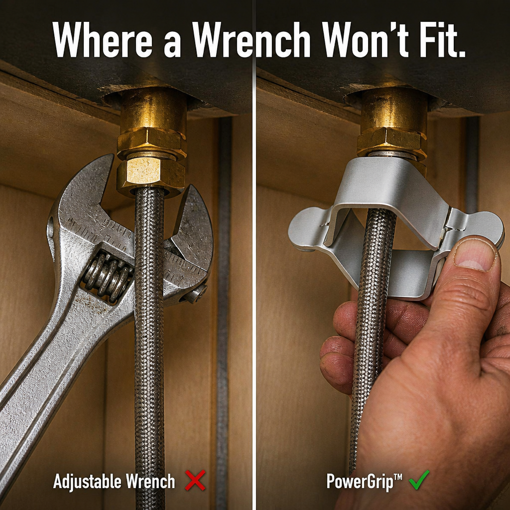 PowerGrip™ — Spin Around Supply Lines, Twist Off Stuck Faucet Nuts Quick