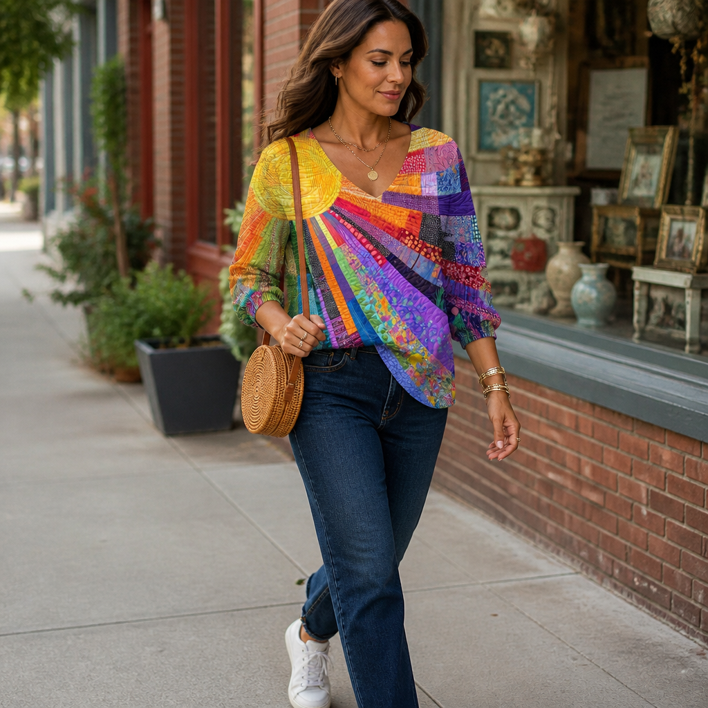 LuxeVera™ – Radiant Sunburst Patchwork V-Neck Blouse