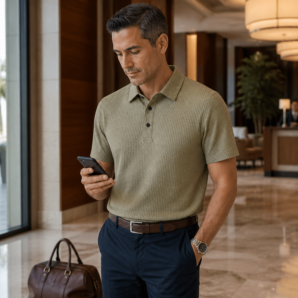 VentraBreeze™ – Breathable Textured Knit Polo Featuring Snap-Button Placket