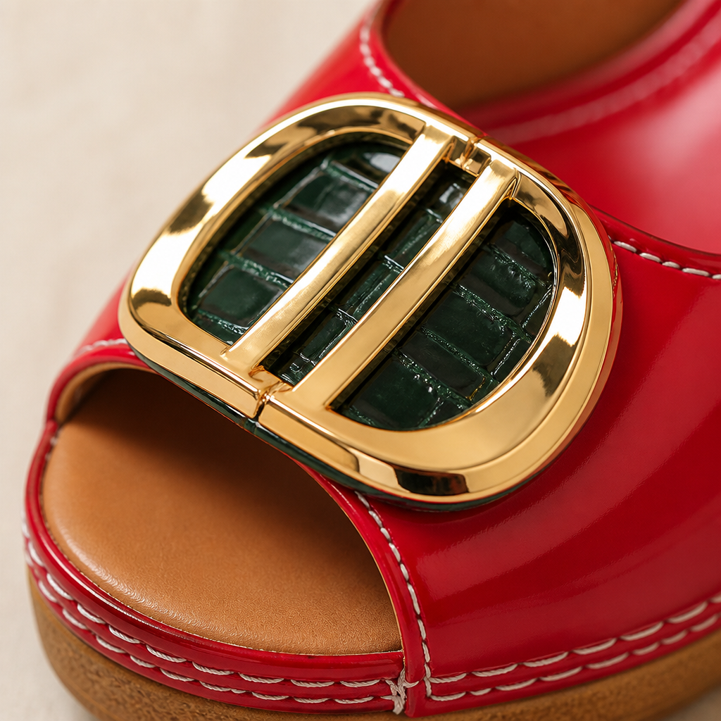 VivaStride™ – Patented Peep-Toe Block Heel Sandals Featuring Bold Gold Buckle