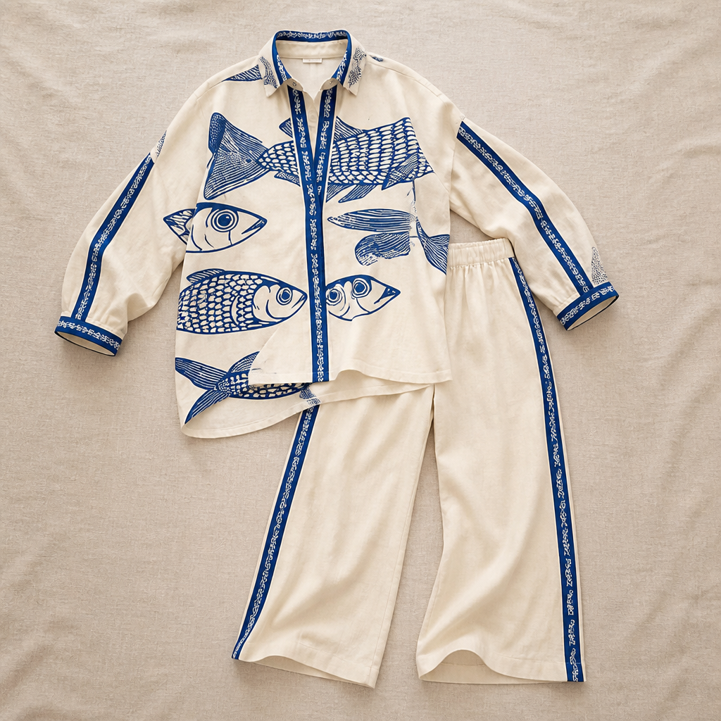 Miralina™ – Relaxed Linen Fish-Print Set with Wide-Leg Pants