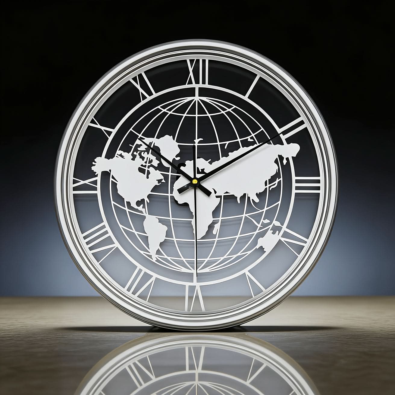Silent Metal Wall Clock Featuring a Roman World Map Design