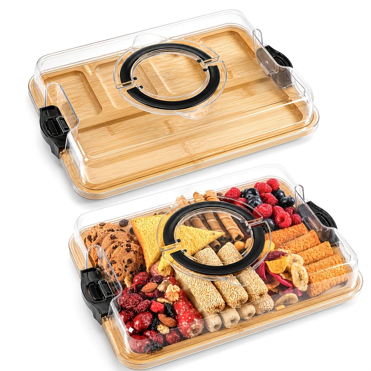 Bamboo Snack Tray with Lid – Divided Design for Serving and Storage