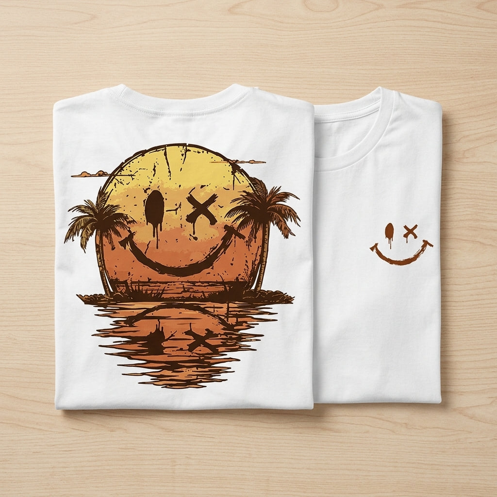 SolaraWave™ – Retro Sunset Smiley Graphic Tee with Front & Back Print