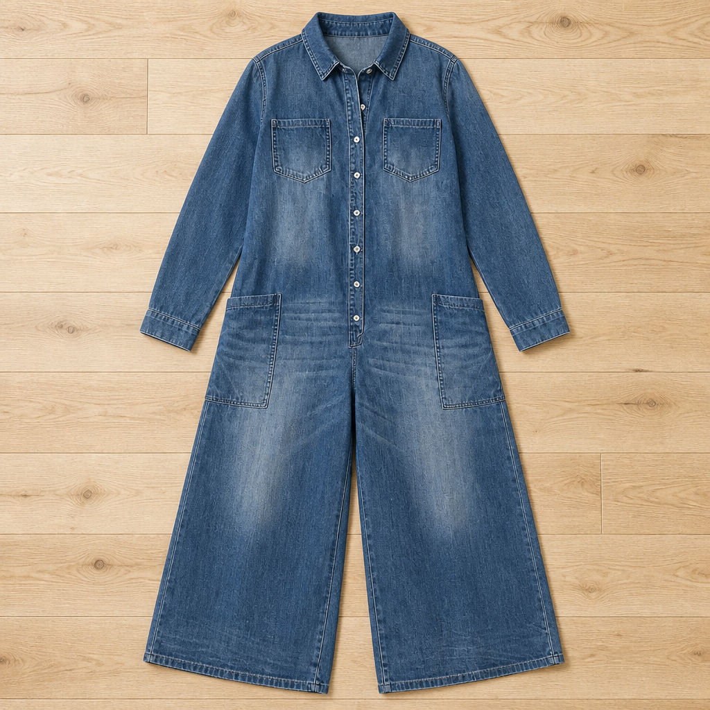 Flowease™ – Laid-Back Wide-Leg Denim Jumpsuit Featuring Button-Front Top