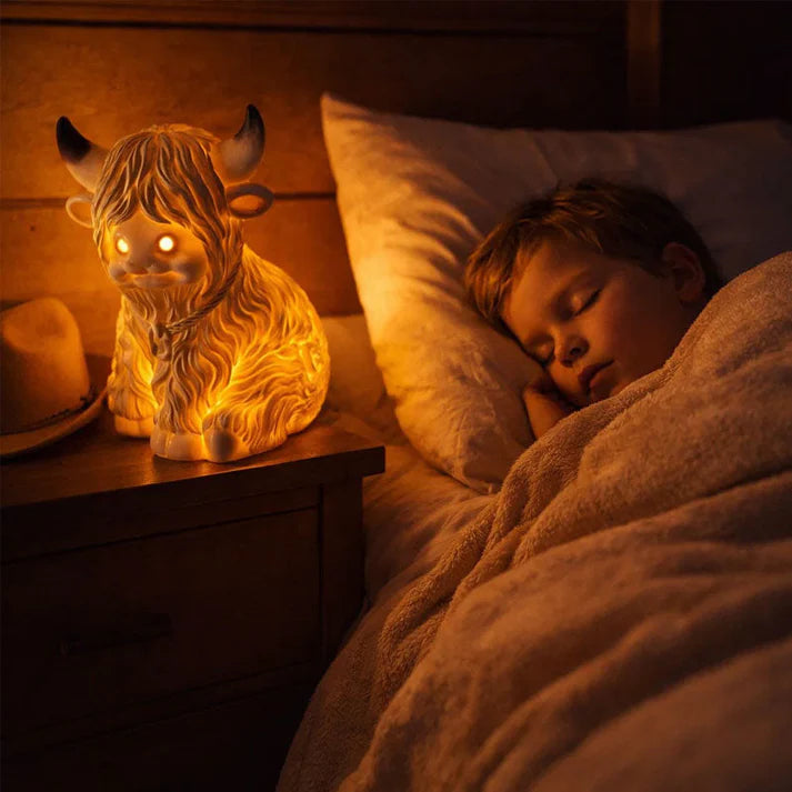 Highland Cattle Night Lamp Made from Resin – Decorative Light with Warm Amber Glow