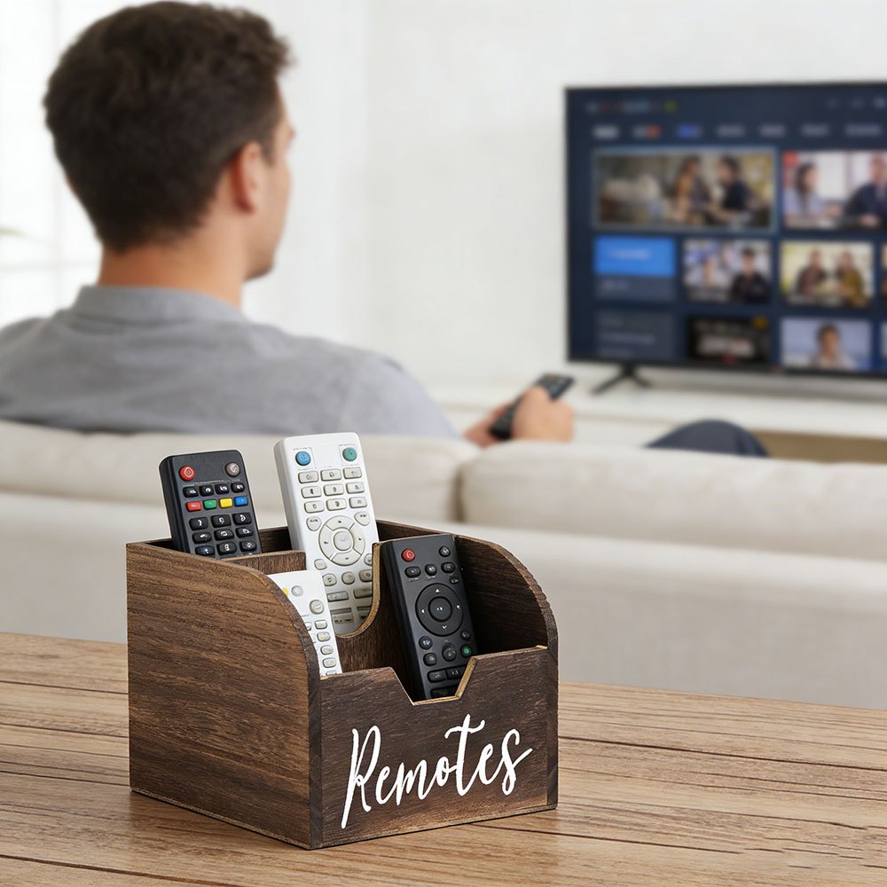 Clutter-Free Living: 4-Section Wooden Remote Control Holder