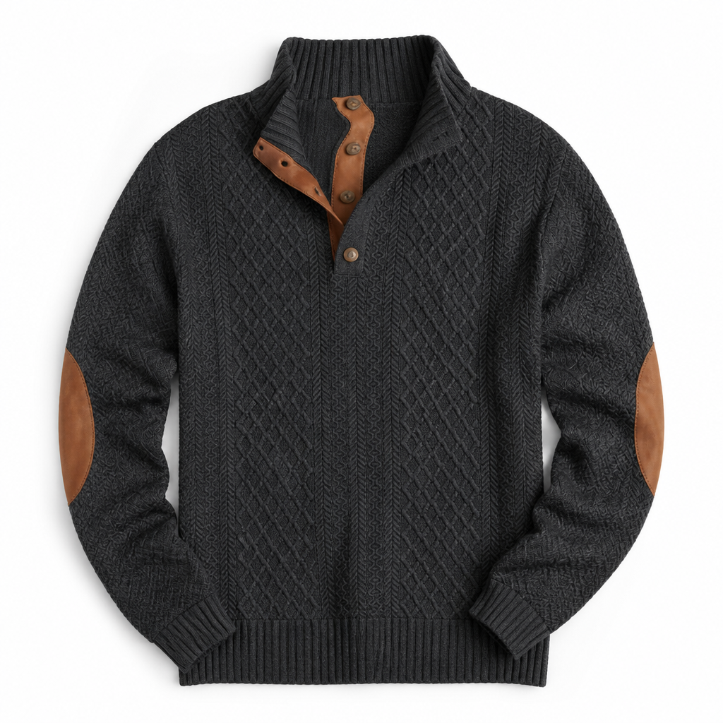AtlasForge™ – Jacquard Textured Stand-Collar Sweater with Elbow Patches