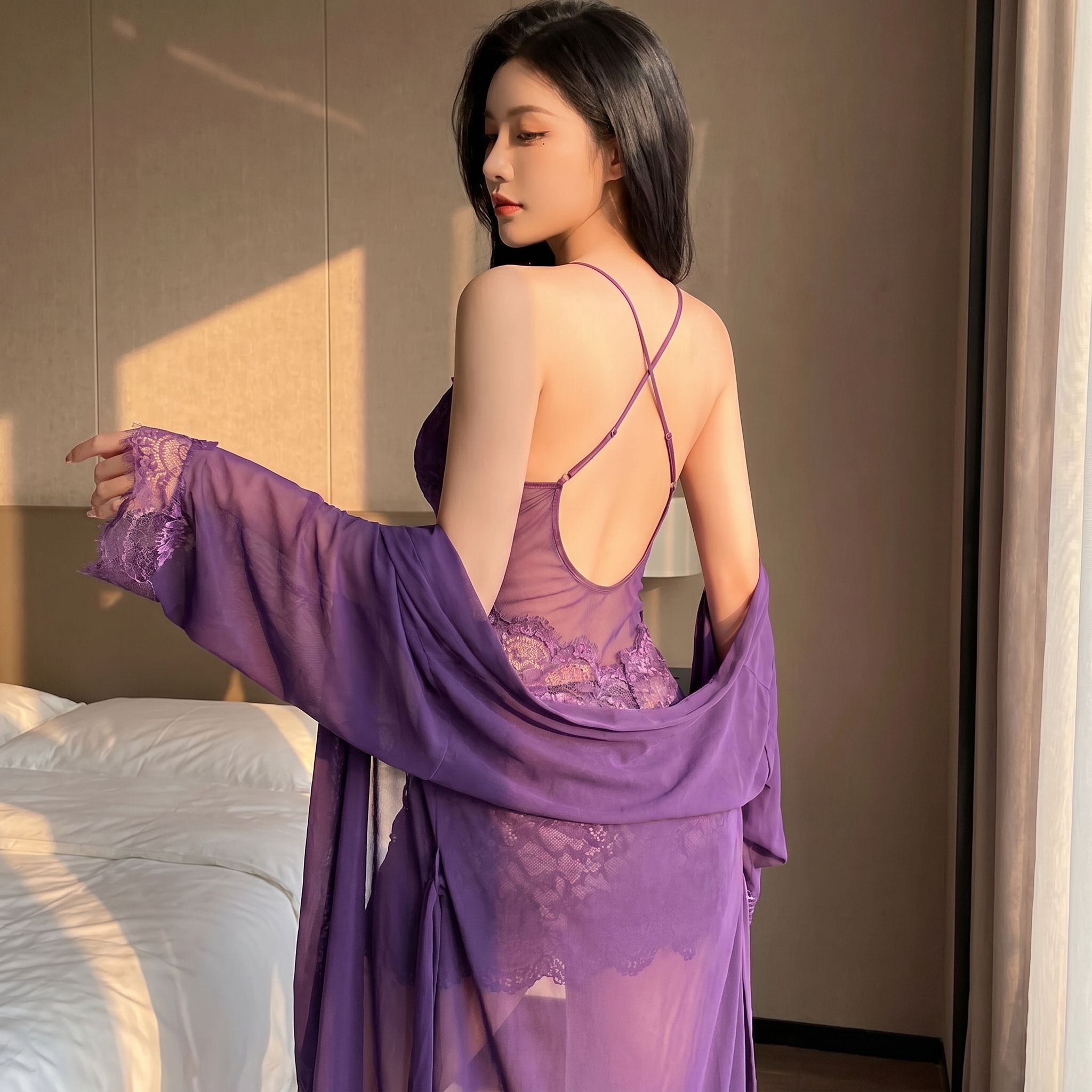 Enchantress™ – Transparent Floral Lace 3-Piece Lingerie Ensemble with Mesh Robe
