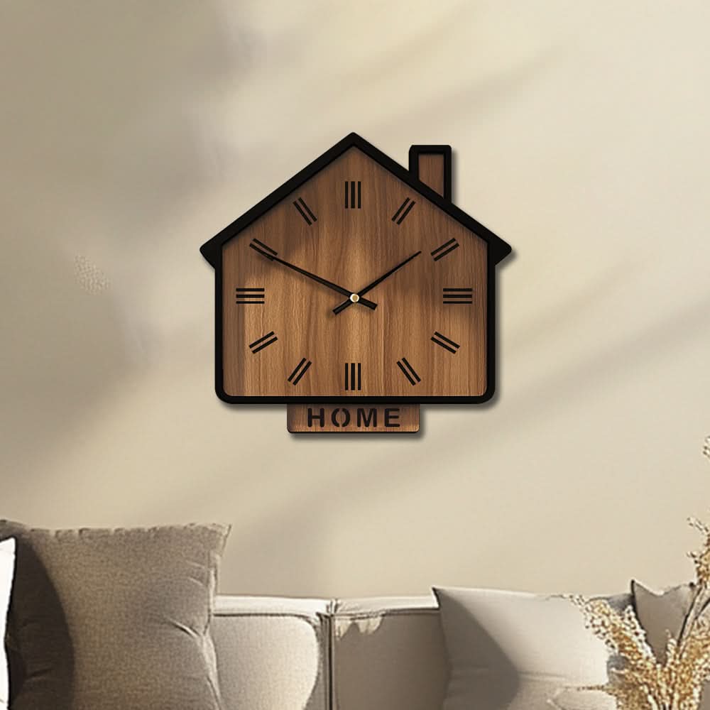 Rustic Wooden Wall Clock in House Shape
