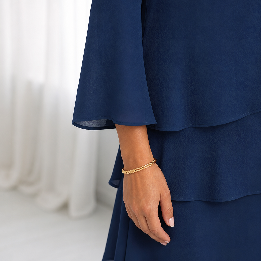 LumaBella™ – Sophisticated Layered Chiffon Dress with Flowing Bell Sleeves