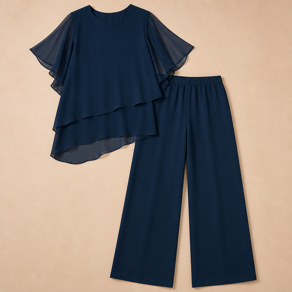 VeloraFit™ – Stylish Asymmetric Chiffon Two-Piece Pant Ensemble