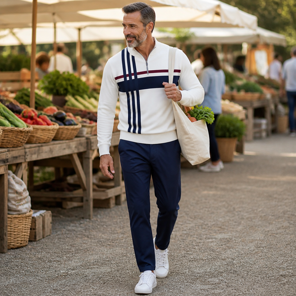 VibeFlex™ – Contemporary Striped Mock-Neck Quarter-Zip Two-Piece Set