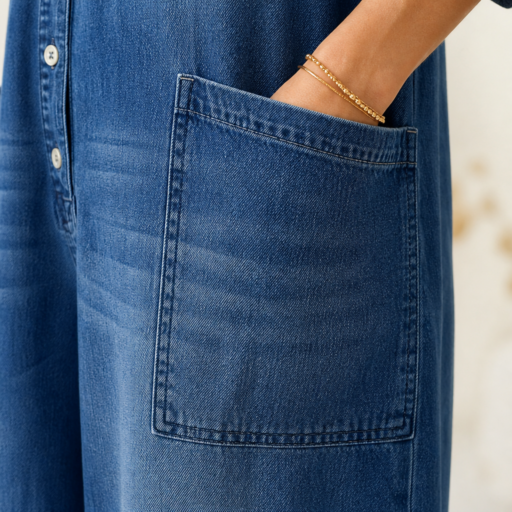 Flowease™ – Laid-Back Wide-Leg Denim Jumpsuit Featuring Button-Front Top