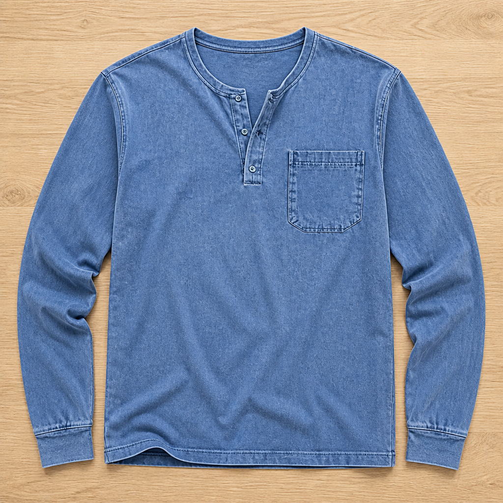 VeroVibe™ – Long Sleeve Henley in Vintage Wash with Chest Pocket