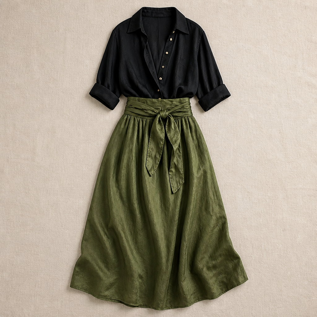 Veloura™ – Relaxed Linen Shirt & Tie-Waist Olive Midi Skirt Set