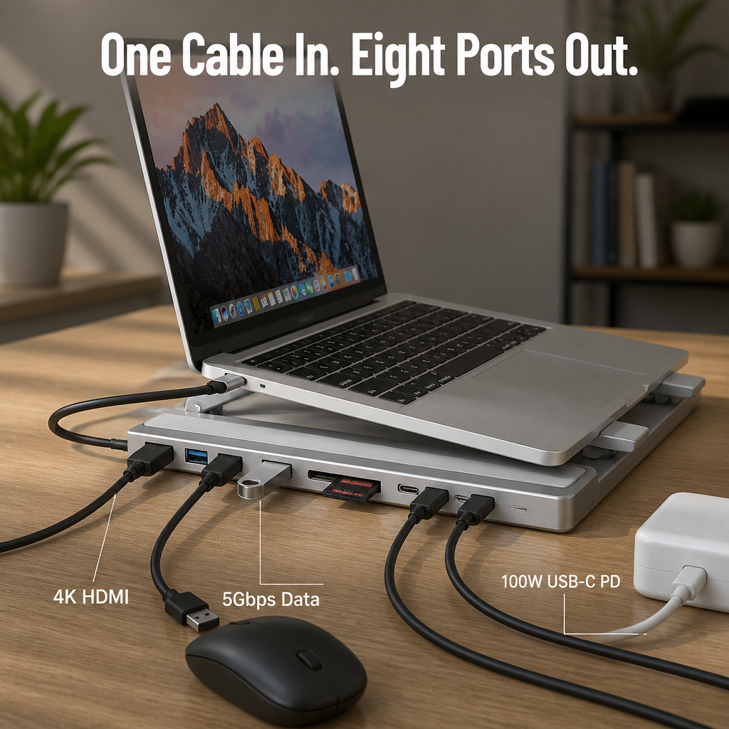 PowerPort Pro™ — Elevate Your Laptop, Charge 8 Devices, Fold Flat for Easy Carry