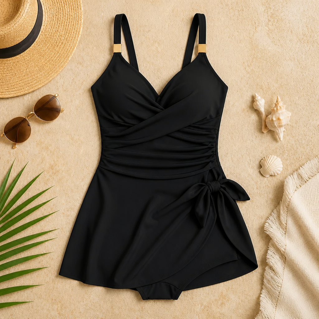 AquaLume™ – Tummy-Control Ruched Swim Dress with Wrap V-Neck