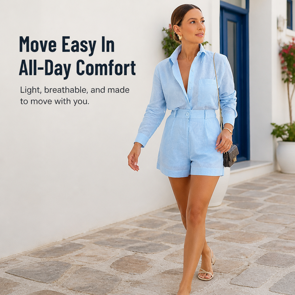 ZephyraLuxe™ – Breezy Linen-Blend Two-Piece Set with Tailored High-Waist Shorts