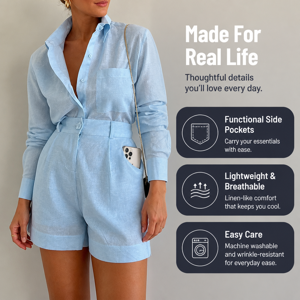 ZephyraLuxe™ – Breezy Linen-Blend Two-Piece Set with Tailored High-Waist Shorts